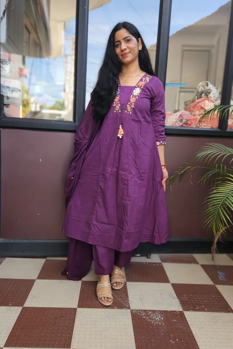 Pure Cotton A-Line Kurti Set with Dupatta – Royal Purple - image 5
