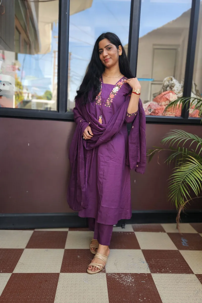Pure Cotton A-Line Kurti Set with Dupatta – Royal Purple - image 4