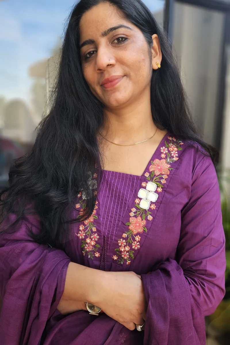 Pure Cotton A-Line Kurti Set with Dupatta – Royal Purple - image 3