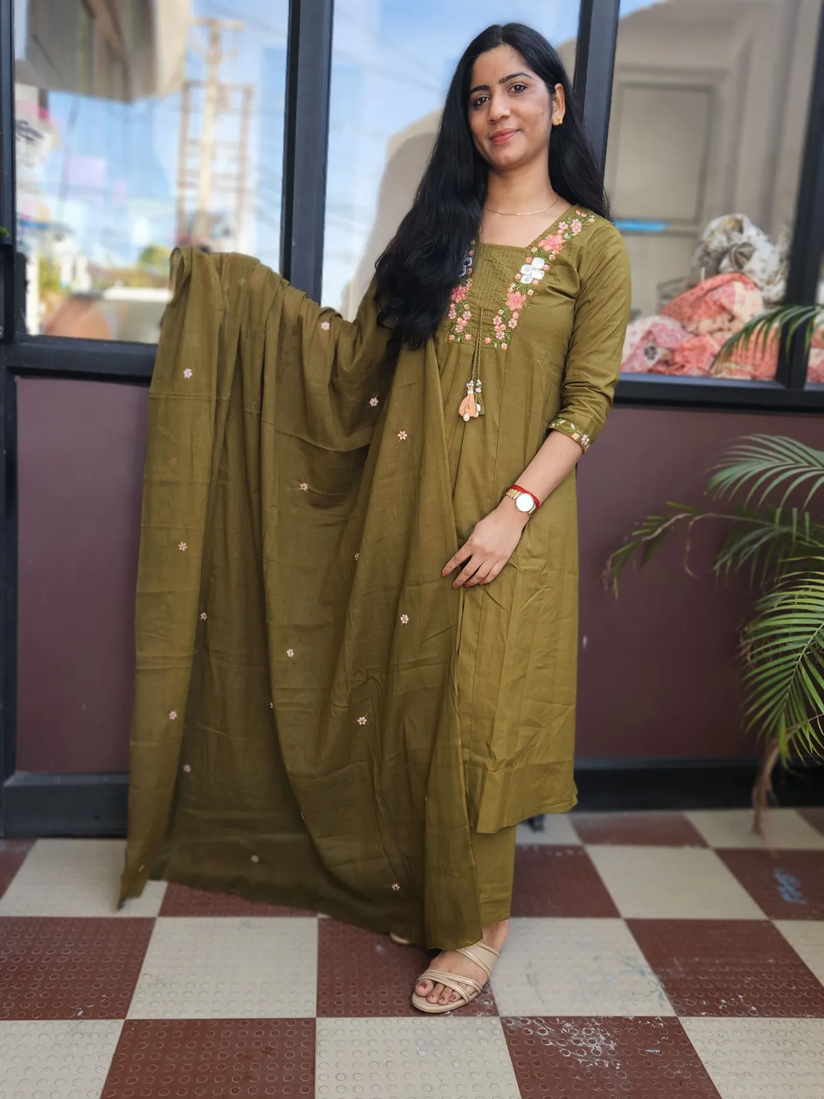 Elegant Olive Green A-Line Kurti Set in Pure Cotton - image 1
