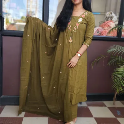 Elegant Olive Green A-Line Kurti Set in Pure Cotton