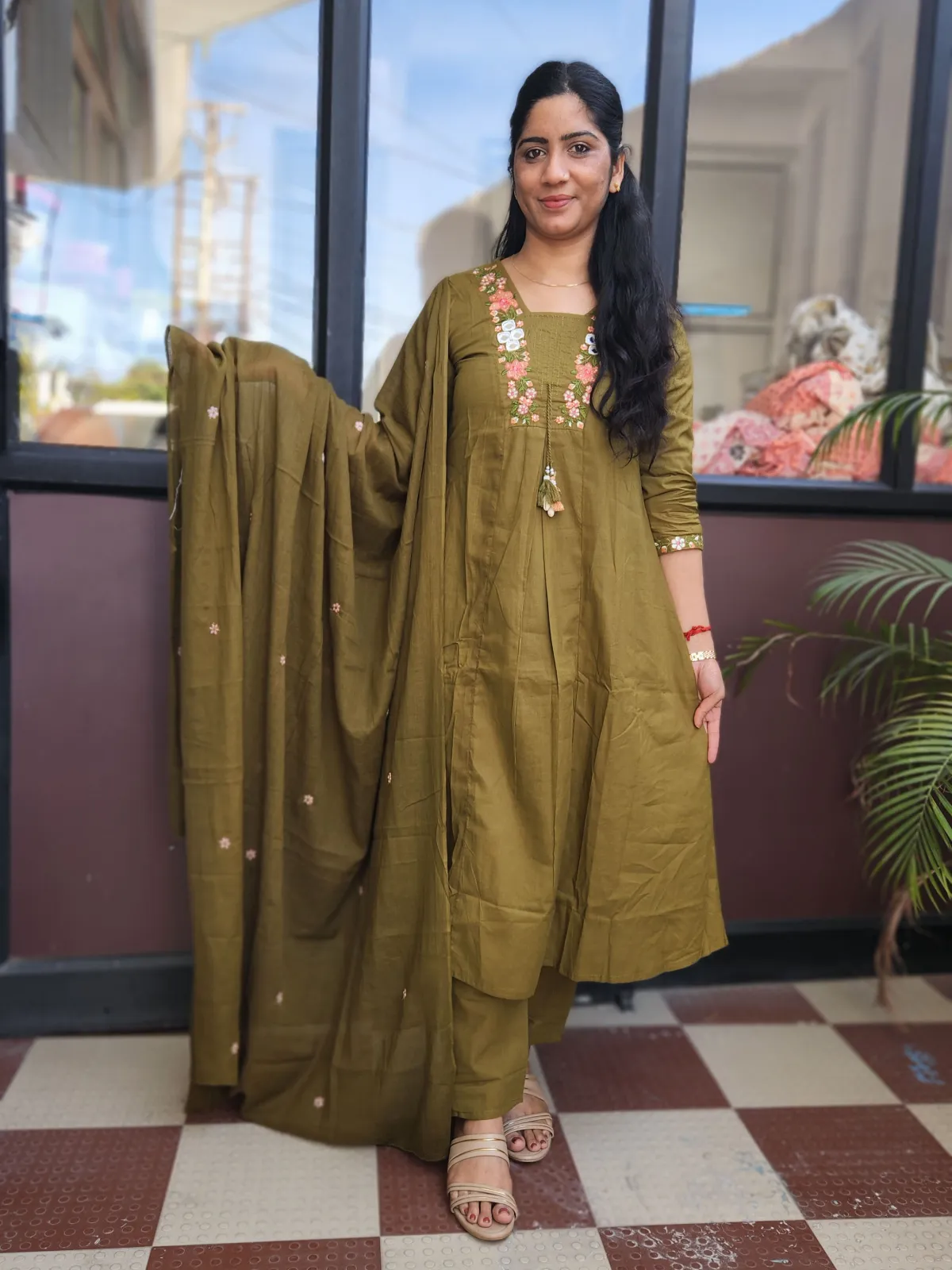 Elegant Olive Green A-Line Kurti Set in Pure Cotton - image 3