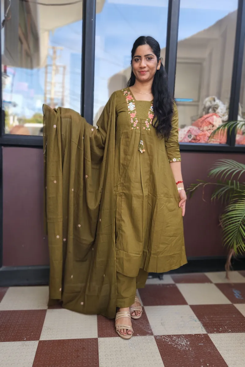 Elegant Olive Green A-Line Kurti Set in Pure Cotton - image 3