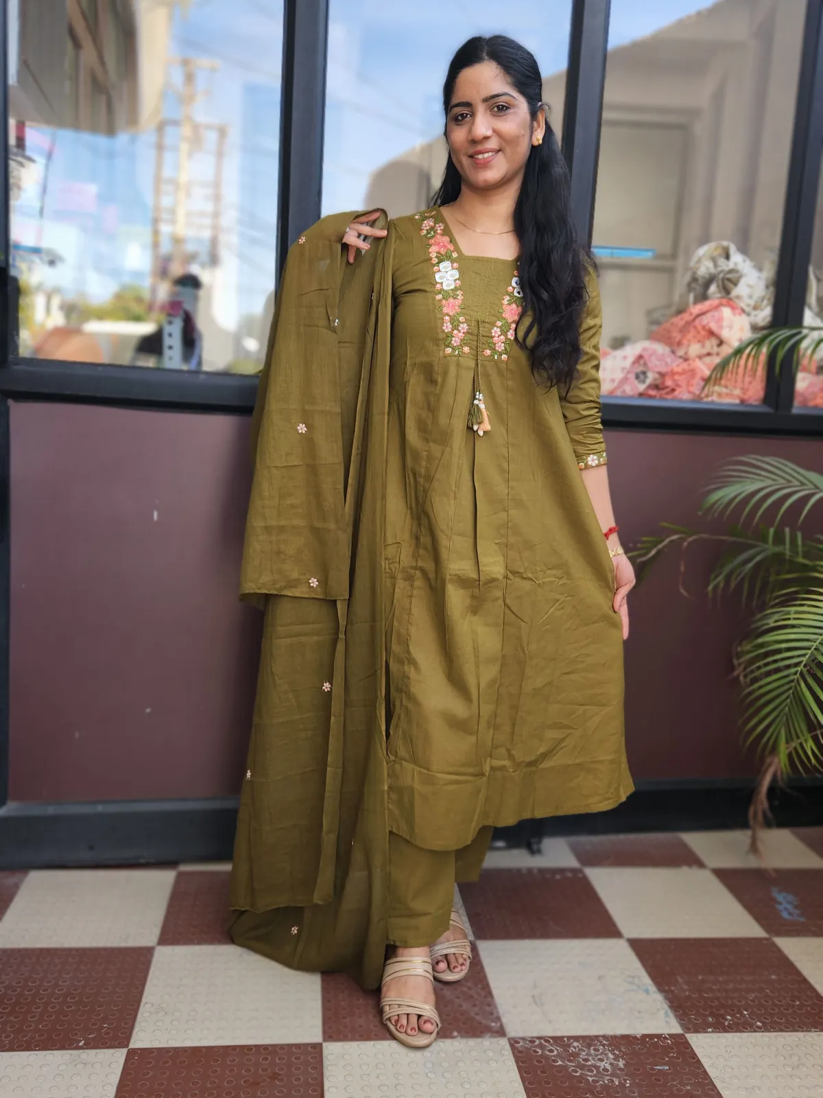 Elegant Olive Green A-Line Kurti Set in Pure Cotton - image 5