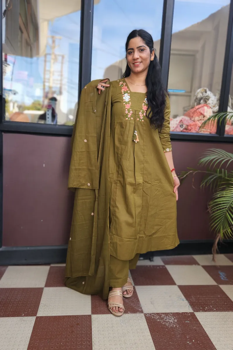 Elegant Olive Green A-Line Kurti Set in Pure Cotton - image 5