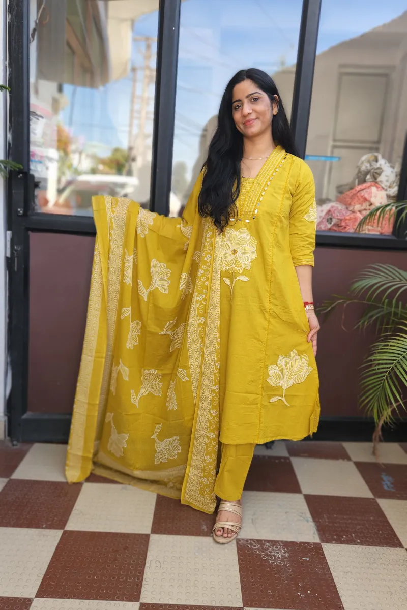 Mustard Cotton Straight Kurti Set with Applique &amp; Mirror Work - image 2