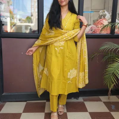 Mustard Cotton Straight Kurti Set with Applique &amp; Mirror Work