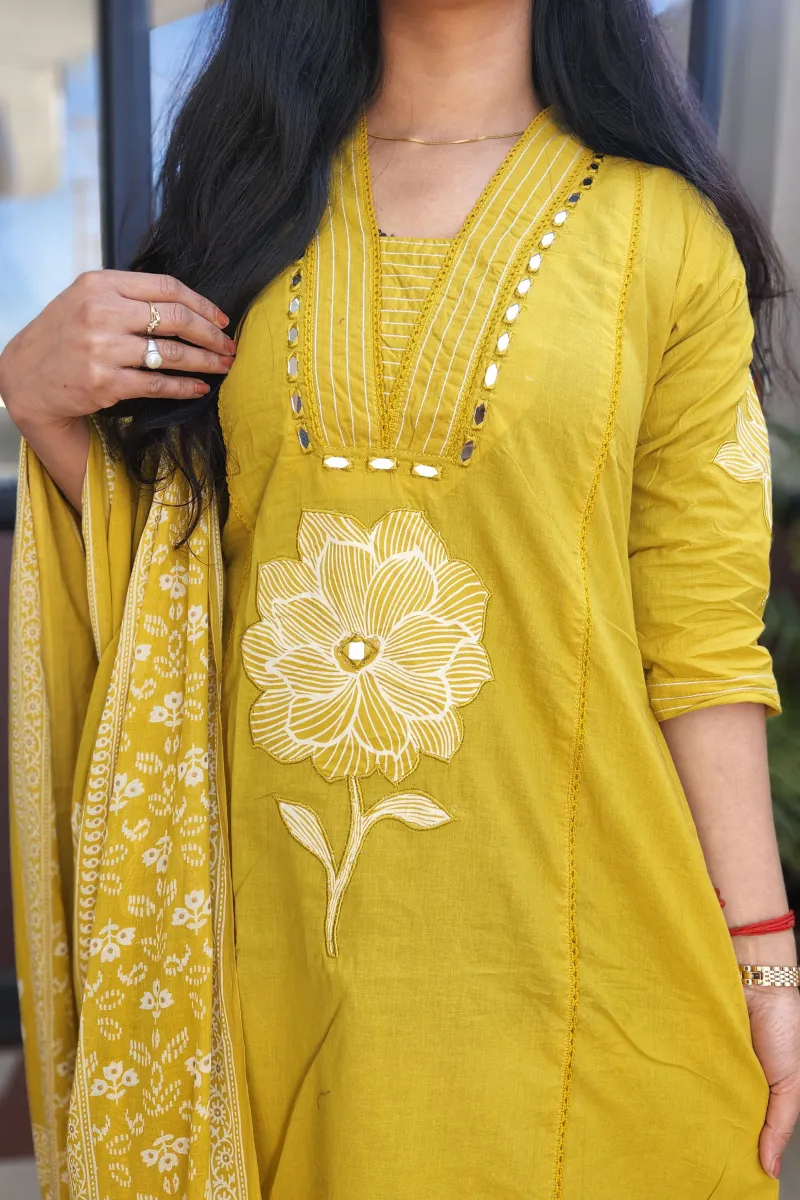 Mustard Cotton Straight Kurti Set with Applique &amp; Mirror Work - image 4