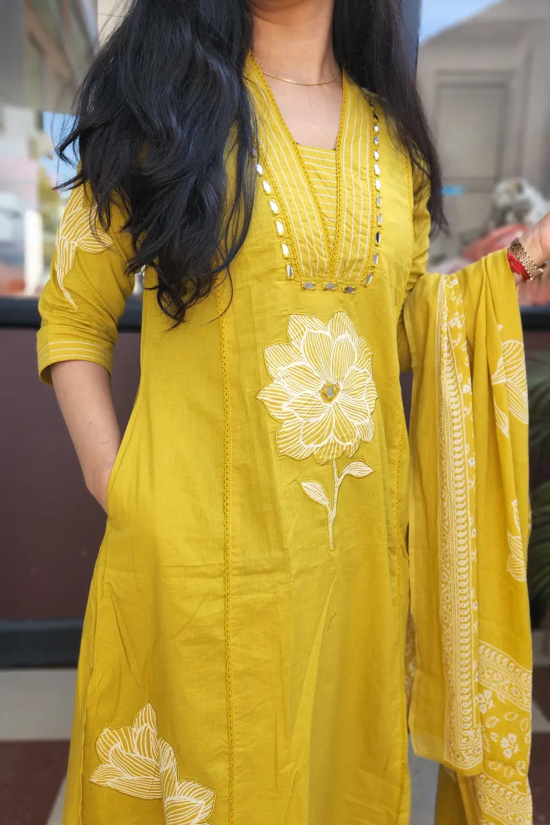 Mustard Cotton Straight Kurti Set with Applique &amp; Mirror Work - image 3