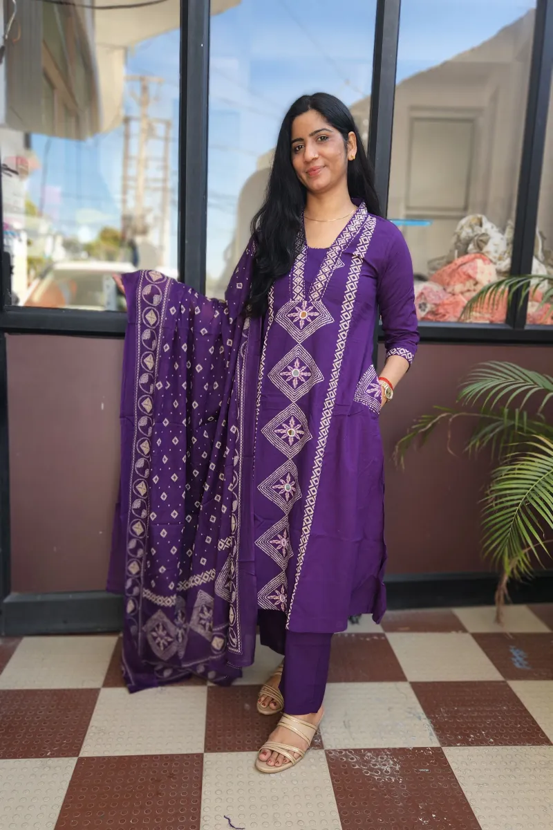 Elegant Purple Cotton A-Line Kurti Set with Dupatta - image 2