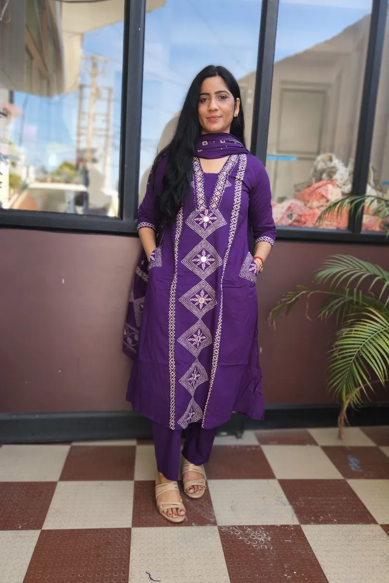 Elegant Purple Cotton A-Line Kurti Set with Dupatta - image 1