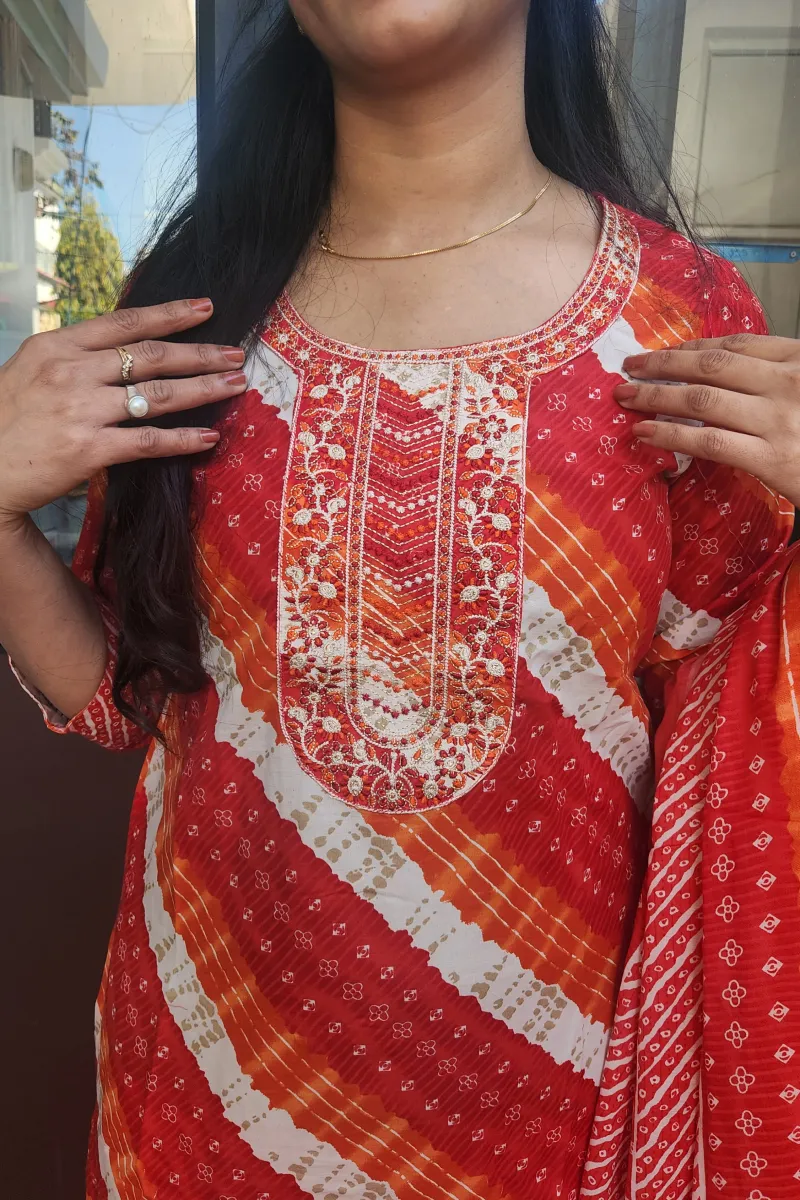 Elegant Red–Orange Cotton Anarkali Kurti Set with Dupatta - image 3