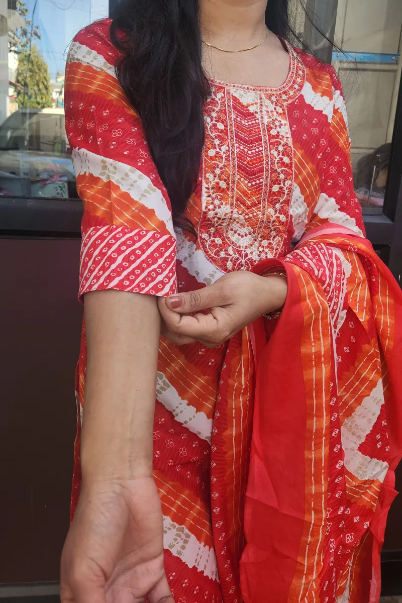 Elegant Red–Orange Cotton Anarkali Kurti Set with Dupatta - image 2