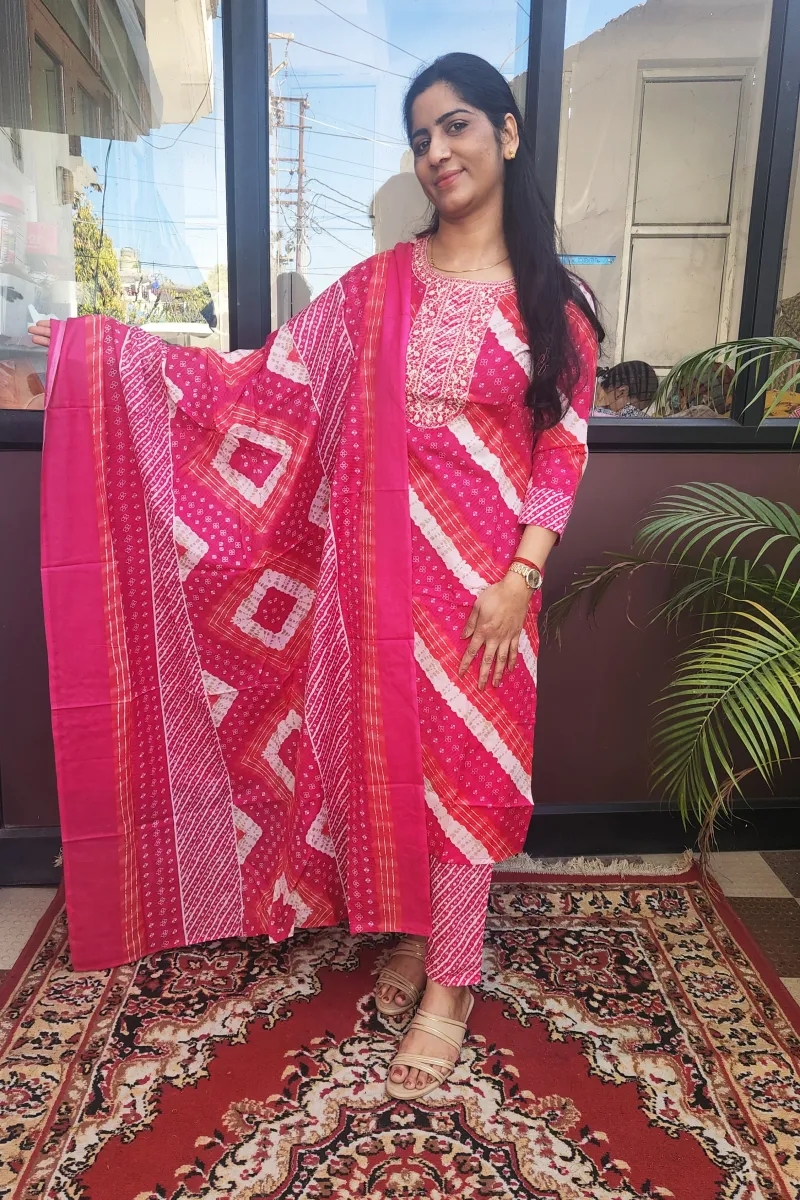 Elegant  Lehriya Print Semi Cotton Straight Kurti Set with &amp; Dupatta - image 3