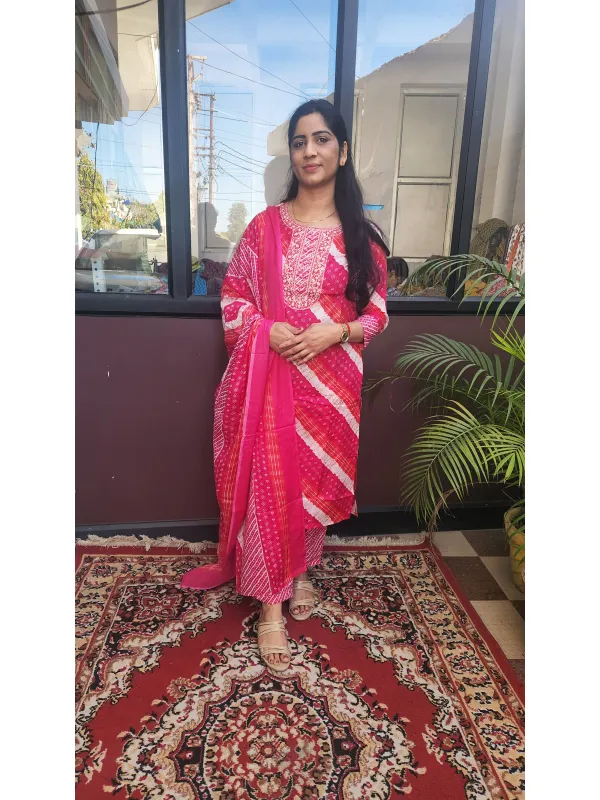 Elegant  Lehriya Print Semi Cotton Straight Kurti Set with & Dupatta