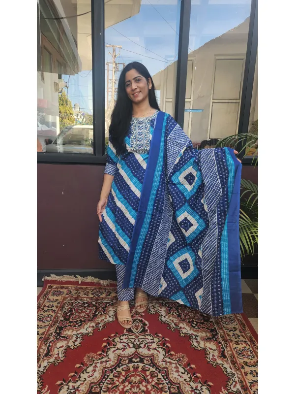 Elegant Blue Cotton Anarkali Kurti Set with Dupatta
