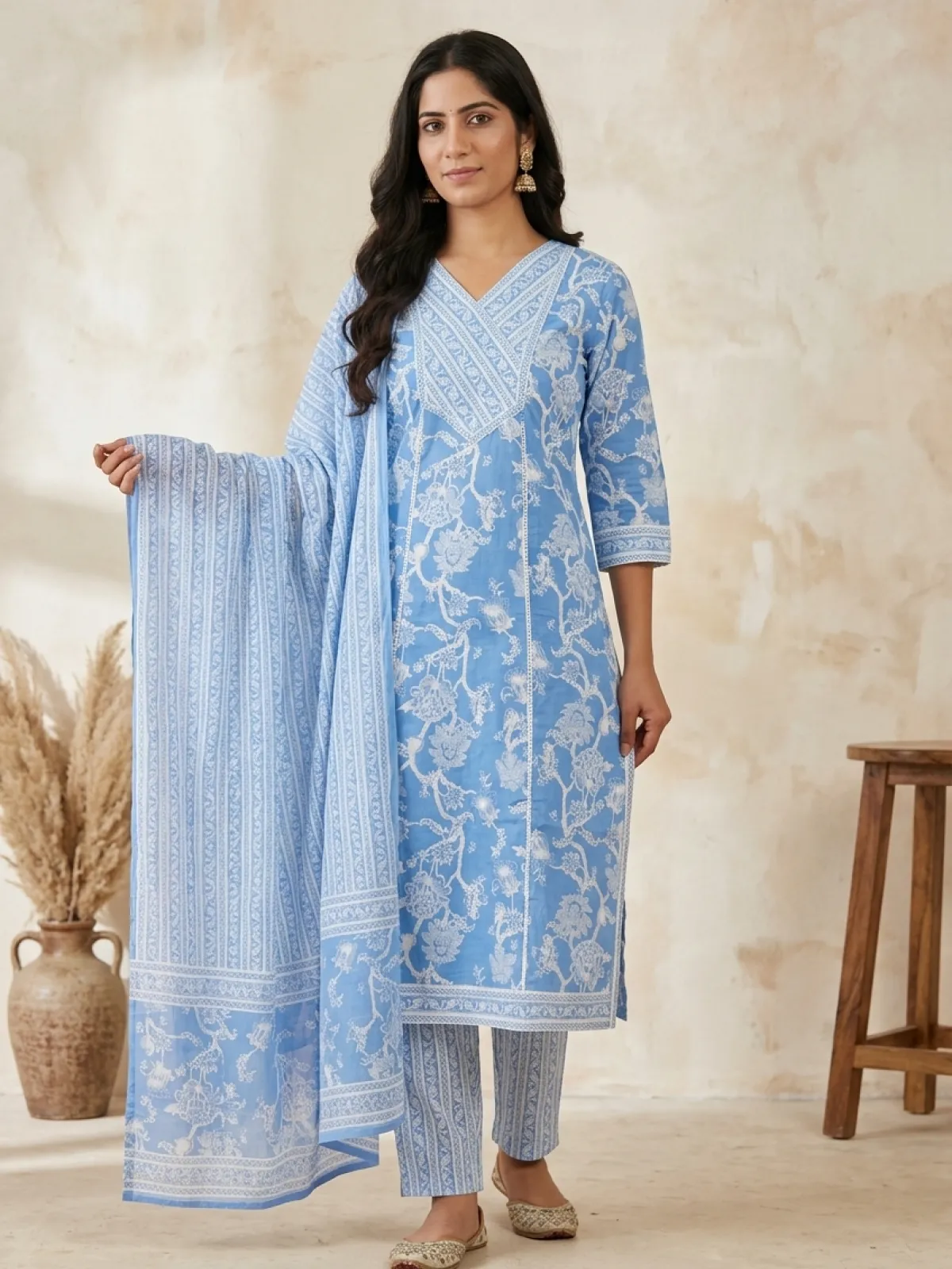 Elegant Blue Cotton Straight Kurti Set with Lace &amp; Minimal Embroidery - image 3