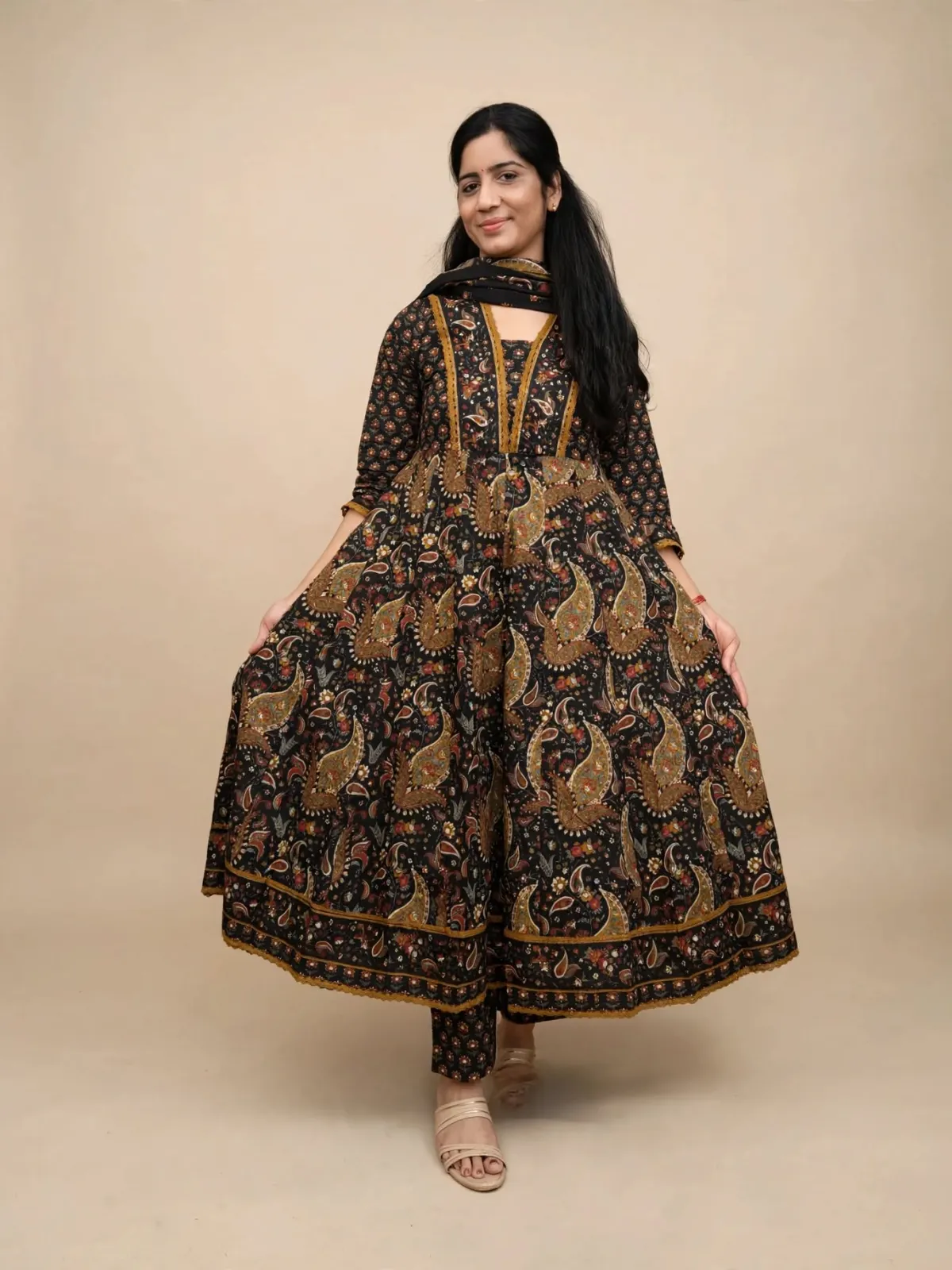 Elegant Black & Brown Cotton Anarkali Kurti Set with Dupatta - image 2