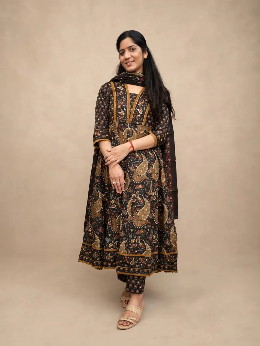 Elegant Black & Brown Cotton Anarkali Kurti Set with Dupatta