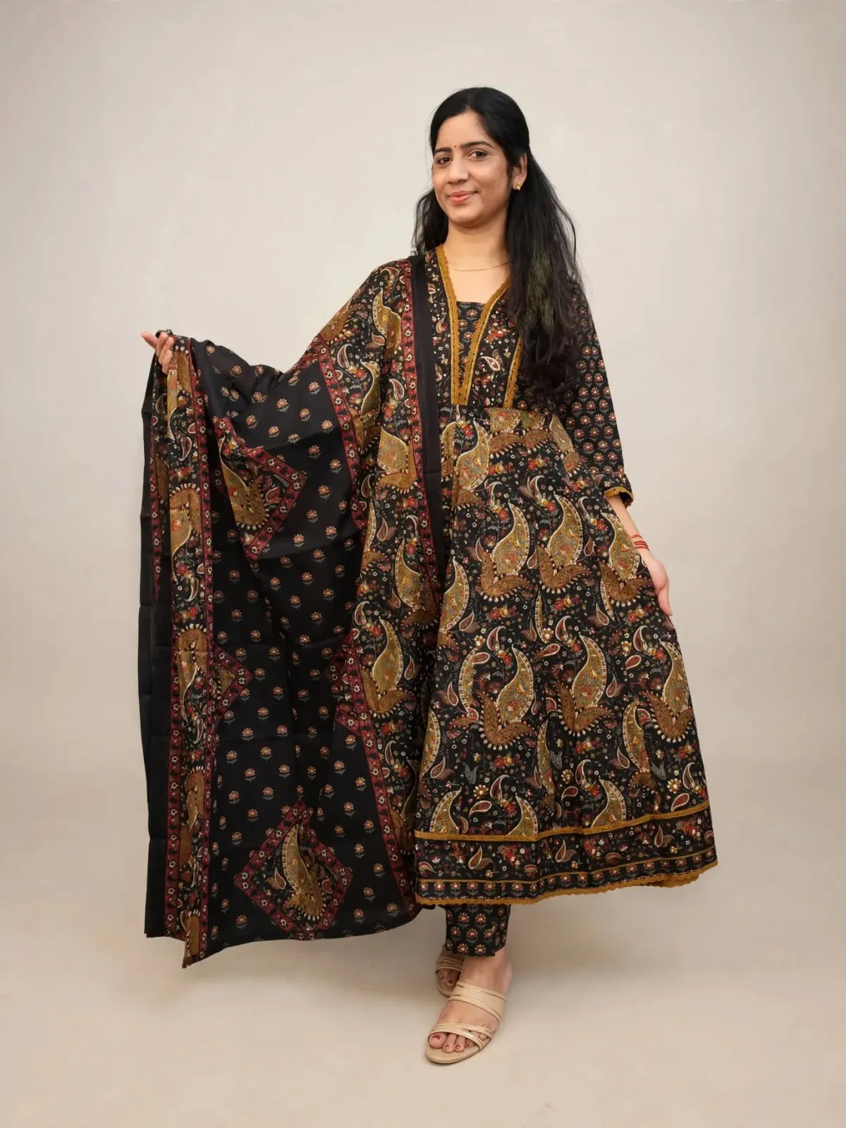 Elegant Black & Brown Cotton Anarkali Kurti Set with Dupatta - image 6