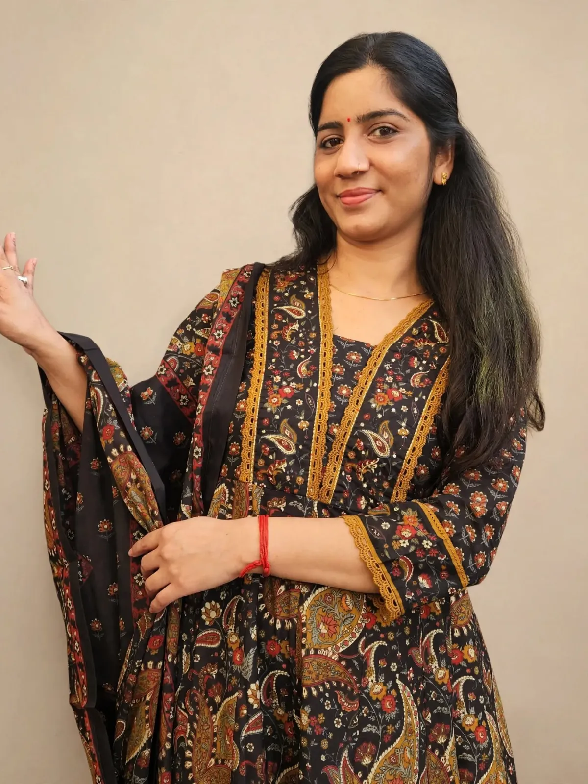 Elegant Black & Brown Cotton Anarkali Kurti Set with Dupatta - image 5