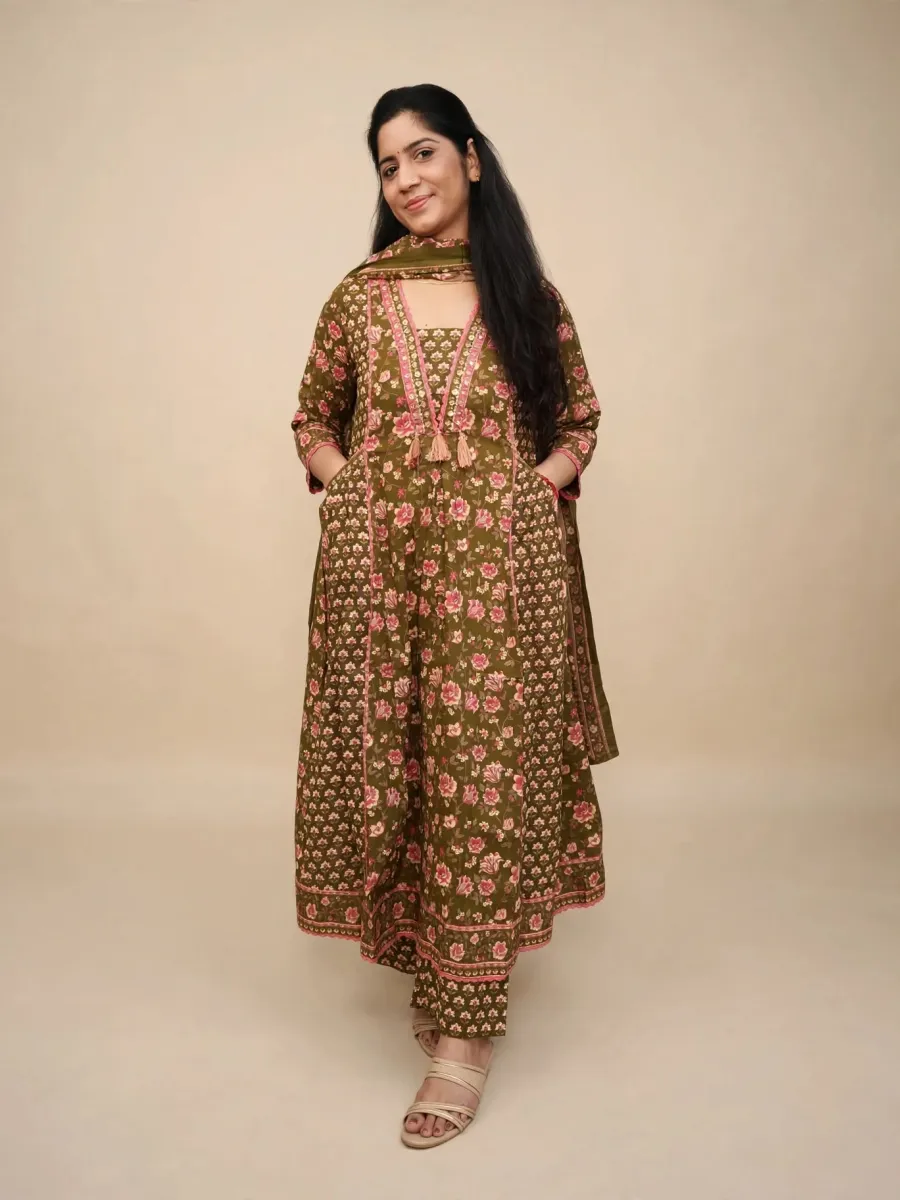 Elegant Brown & Pink Cotton Anarkali Kurti Set with Dupatta