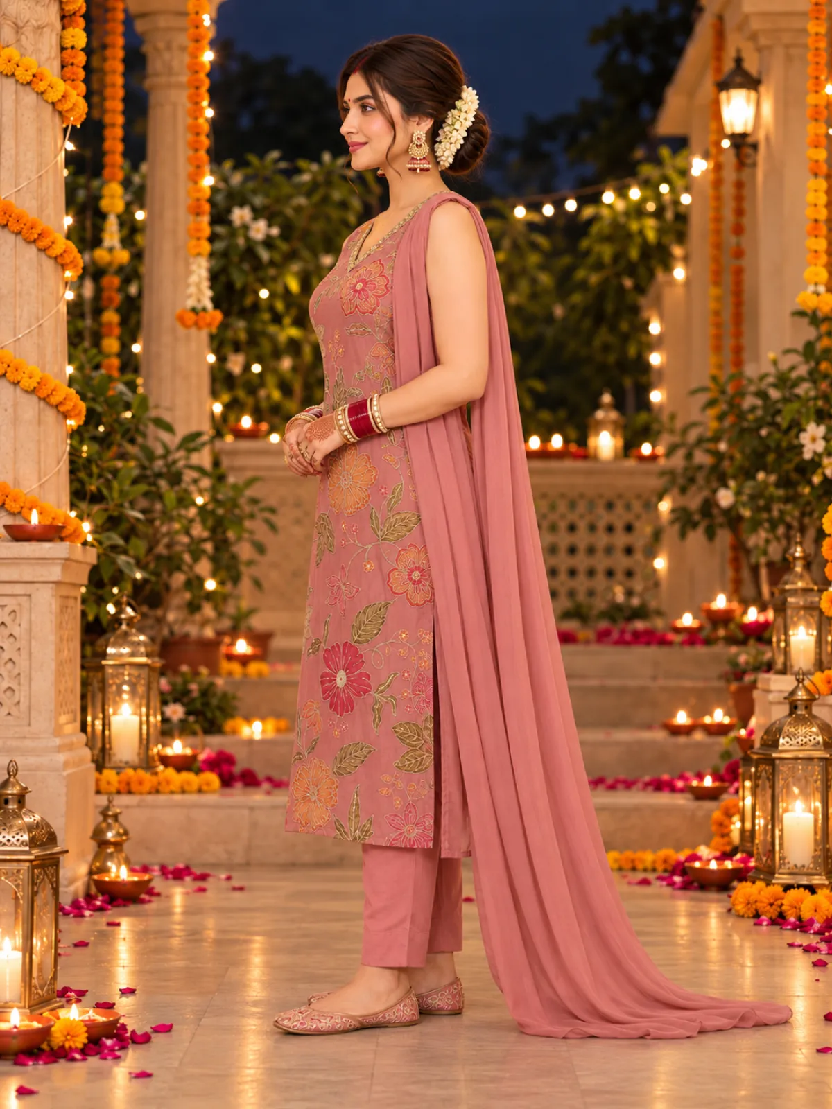 Dusty Pink Floral Embroidered Kurta Pant Dupatta Set with Plain Dupatta - image 2