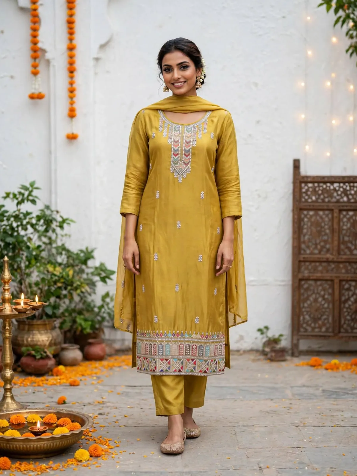 Mustard Yellow Soft Fabric Embroidered Kurta Pant Dupatta Set with Multicolor Border - image 1
