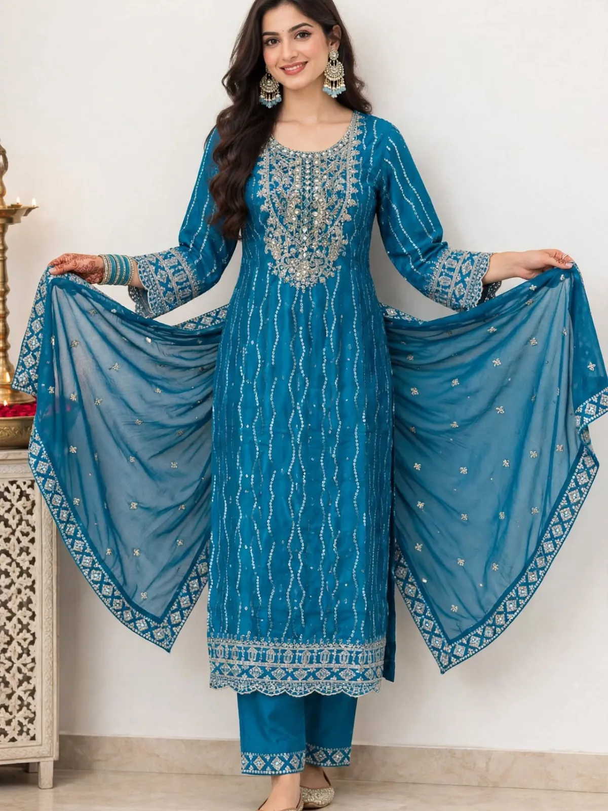 Ocean Teal Crepe Embroidered Straight Kurta Pant Dupatta Set with Printed Back - image 2