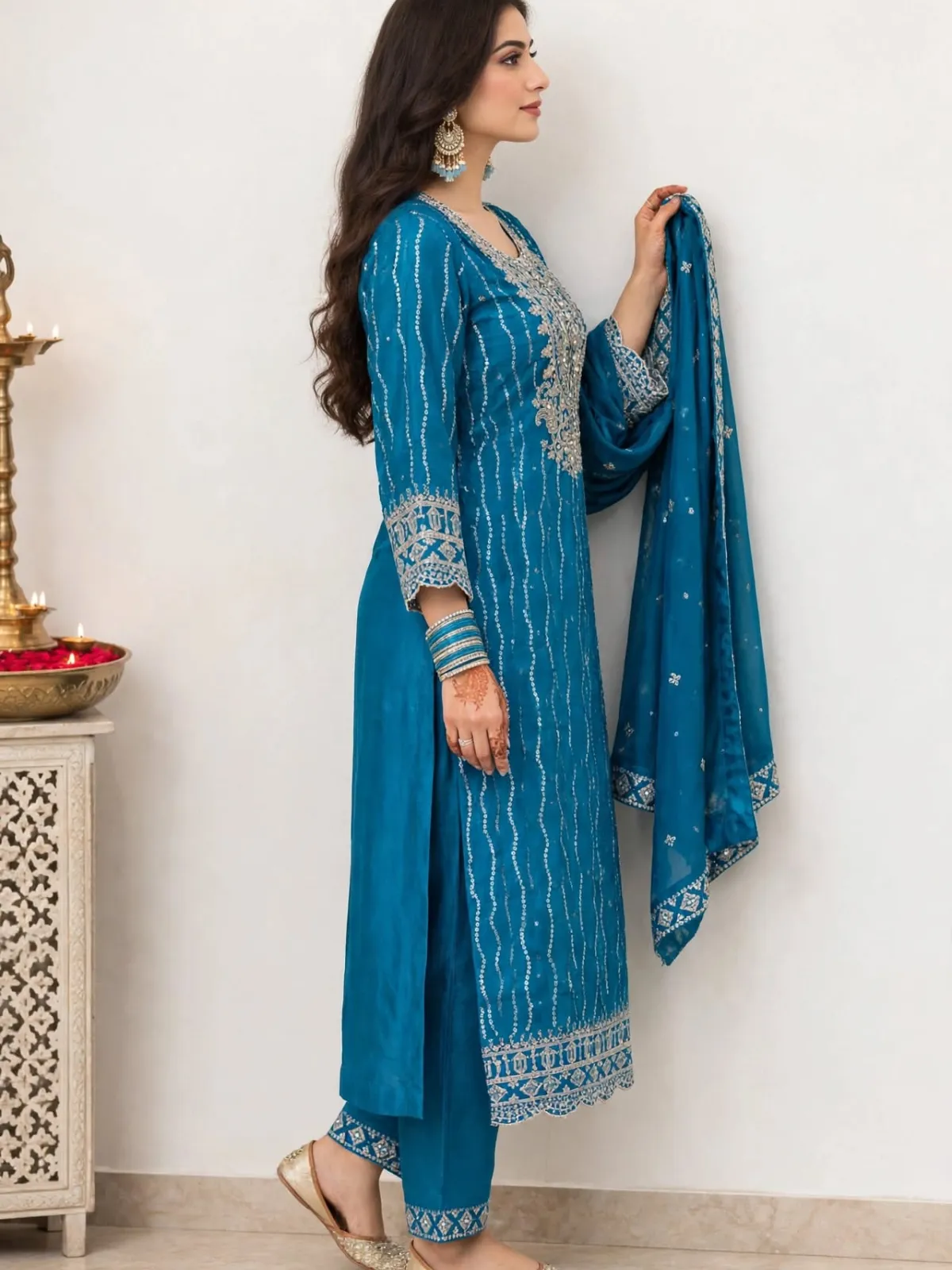 Ocean Teal Crepe Embroidered Straight Kurta Pant Dupatta Set with Printed Back - image 3
