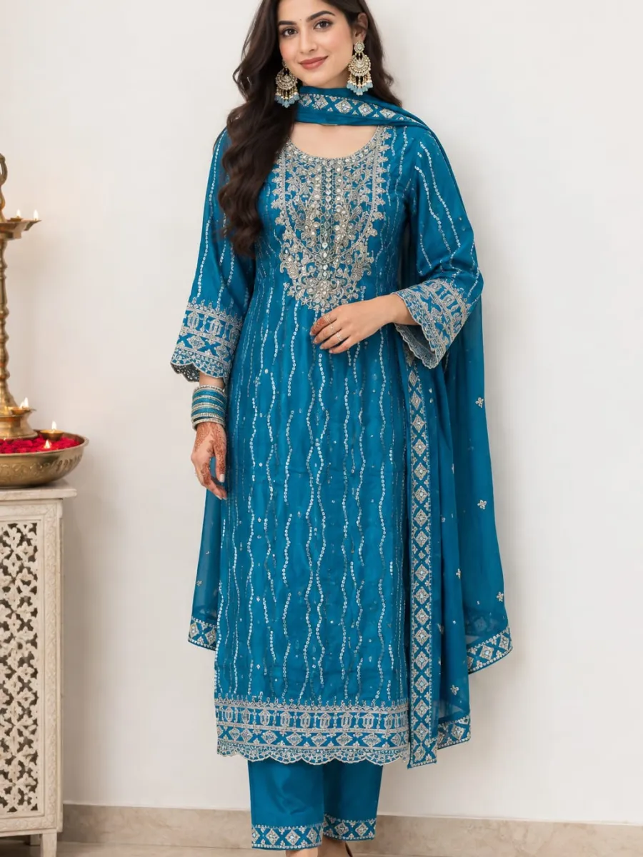Ocean Teal Crepe Embroidered Straight Kurta Pant Dupatta Set with Printed Back
