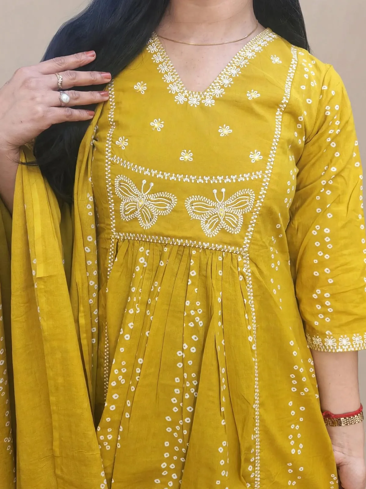 Radiant Yellow A-line Kurti Set with White Embroidery in Pure Cotton - image 2