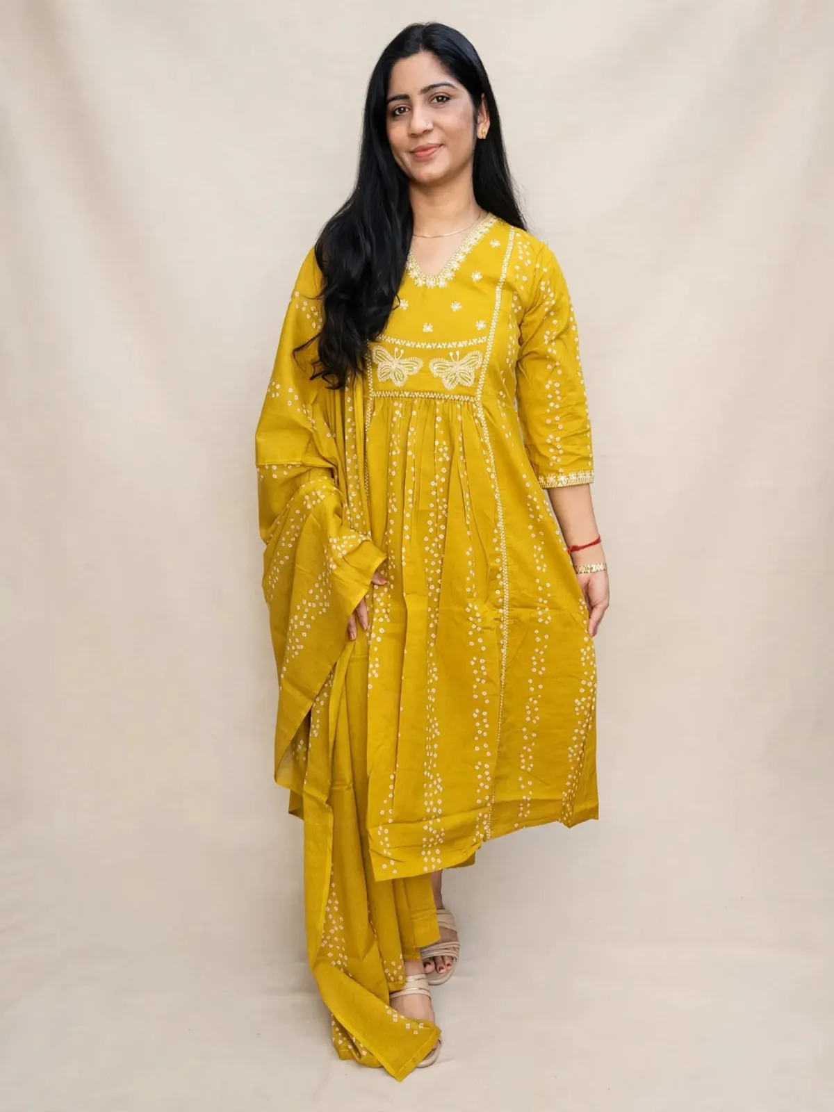 Radiant Yellow A-line Kurti Set with White Embroidery in Pure Cotton - image 1