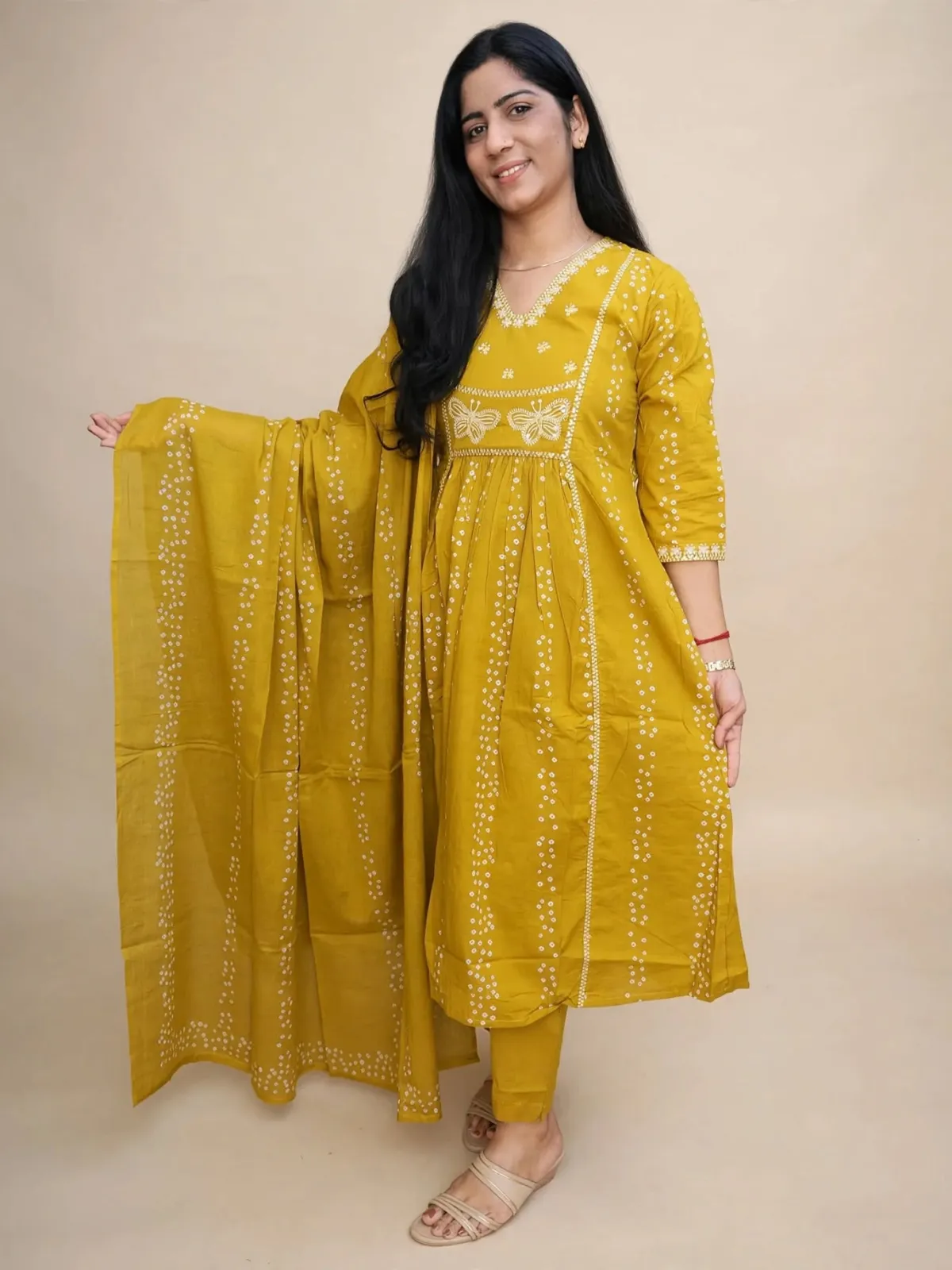Radiant Yellow A-line Kurti Set with White Embroidery in Pure Cotton - image 4