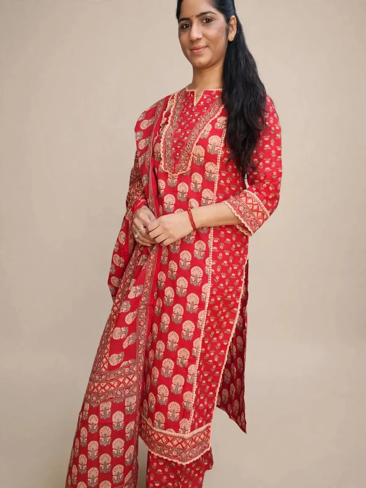 Elegant Red Cotton Straight Kurti Set with Lace & Embroidery - image 3