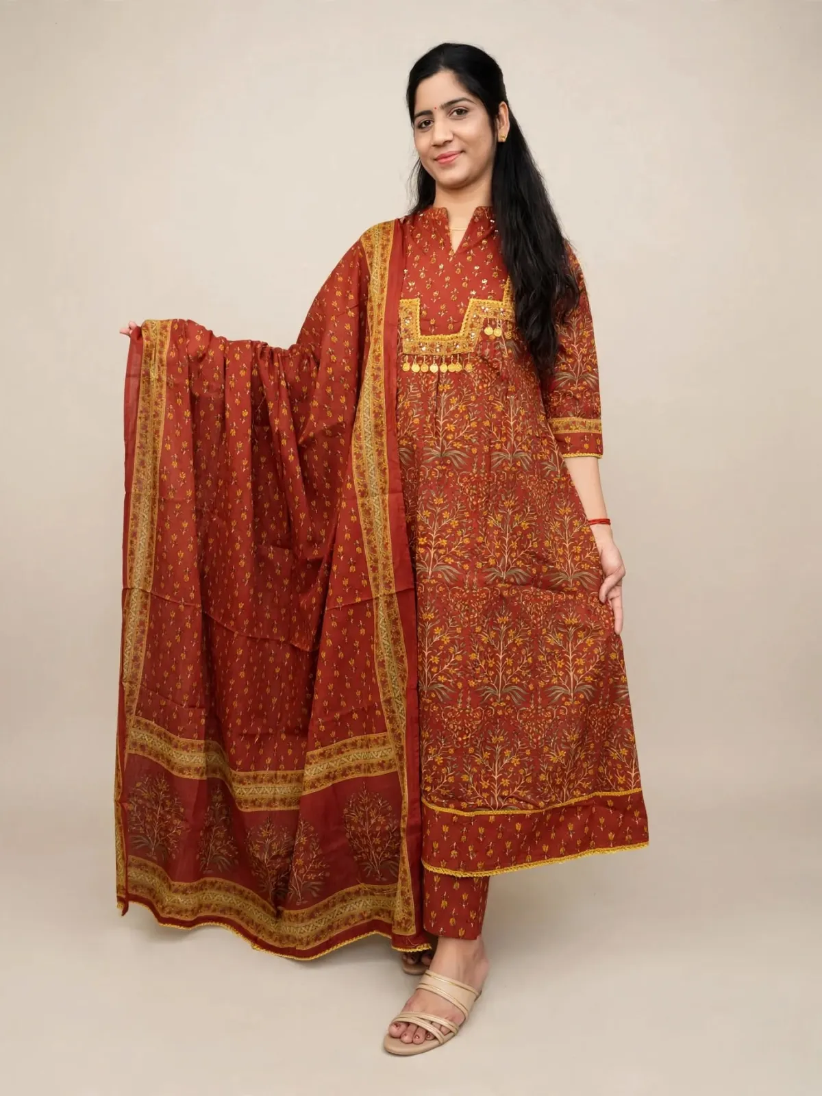 Elegant Rust Cotton Anarkali Kurti Set with Dupatta - image 4