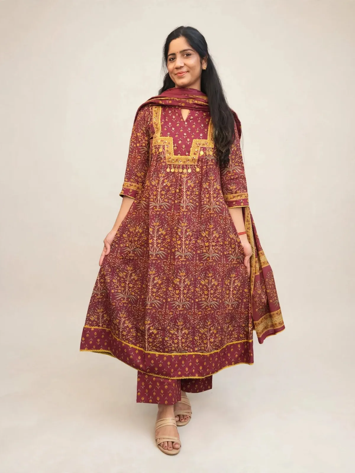 Elegant Maroon Cotton Anarkali Kurti Set with Dupatta - image 3