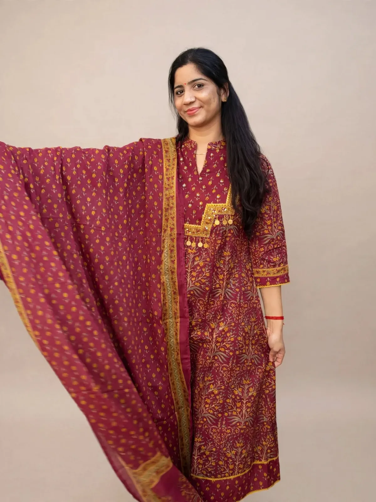 Elegant Maroon Cotton Anarkali Kurti Set with Dupatta - image 4