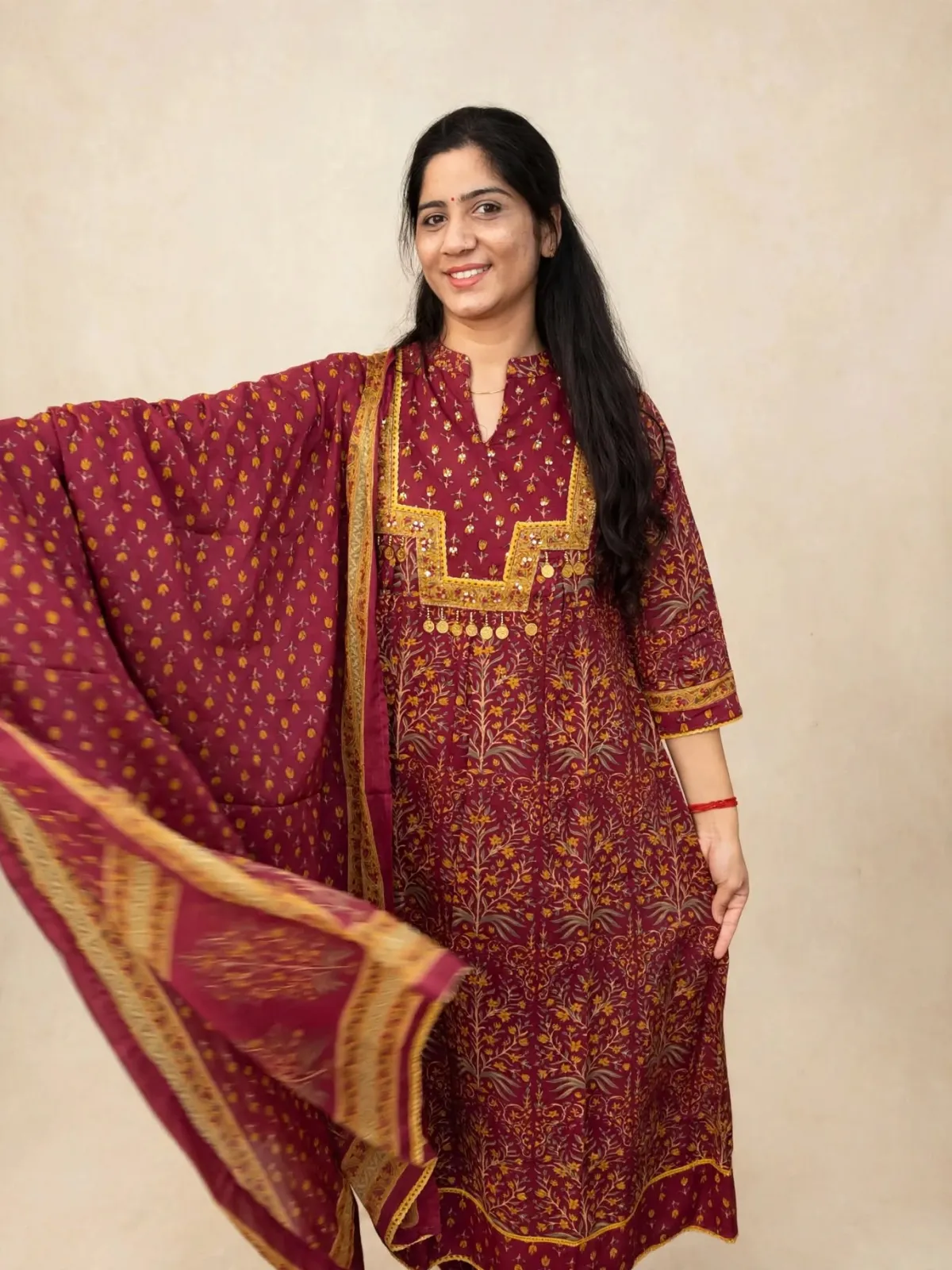 Elegant Maroon Cotton Anarkali Kurti Set with Dupatta - image 2