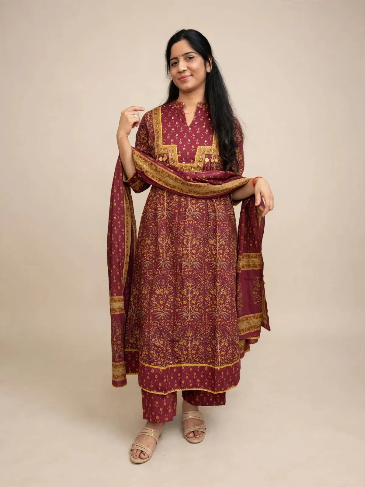 Elegant Maroon Cotton Anarkali Kurti Set with Dupatta - image 1