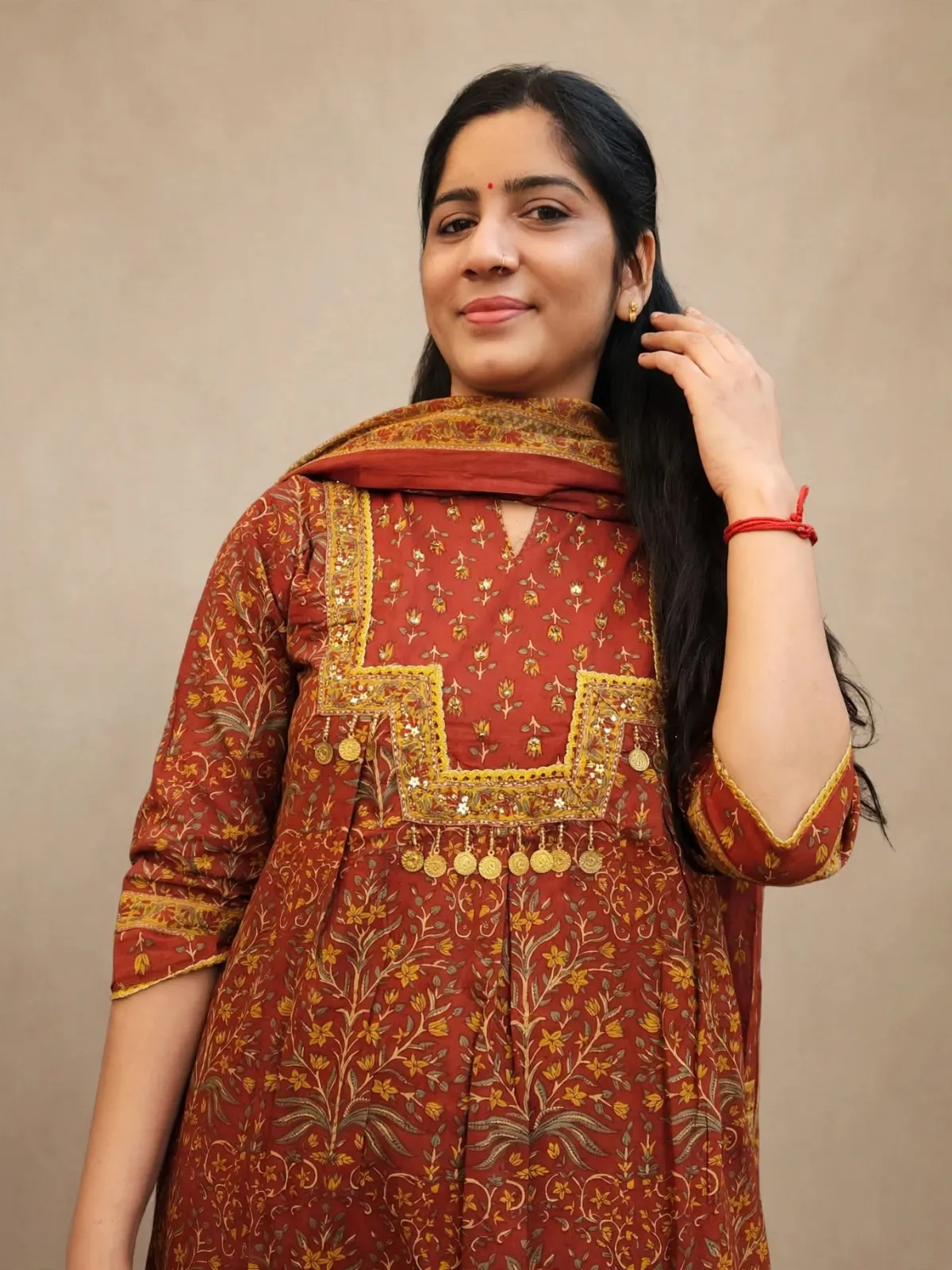 Elegant Rust Cotton Anarkali Kurti Set with Dupatta - image 3