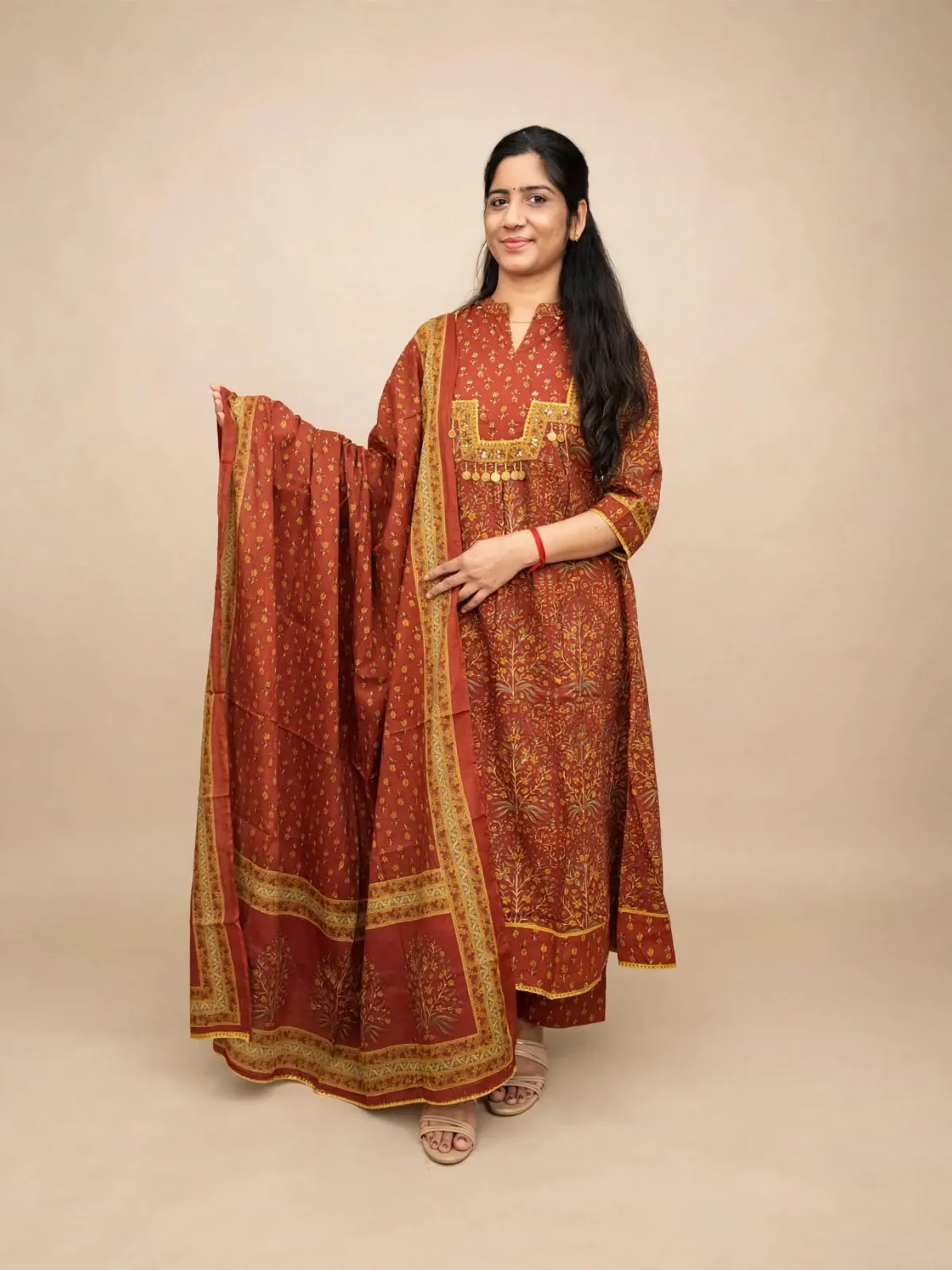 Elegant Rust Cotton Anarkali Kurti Set with Dupatta - image 2
