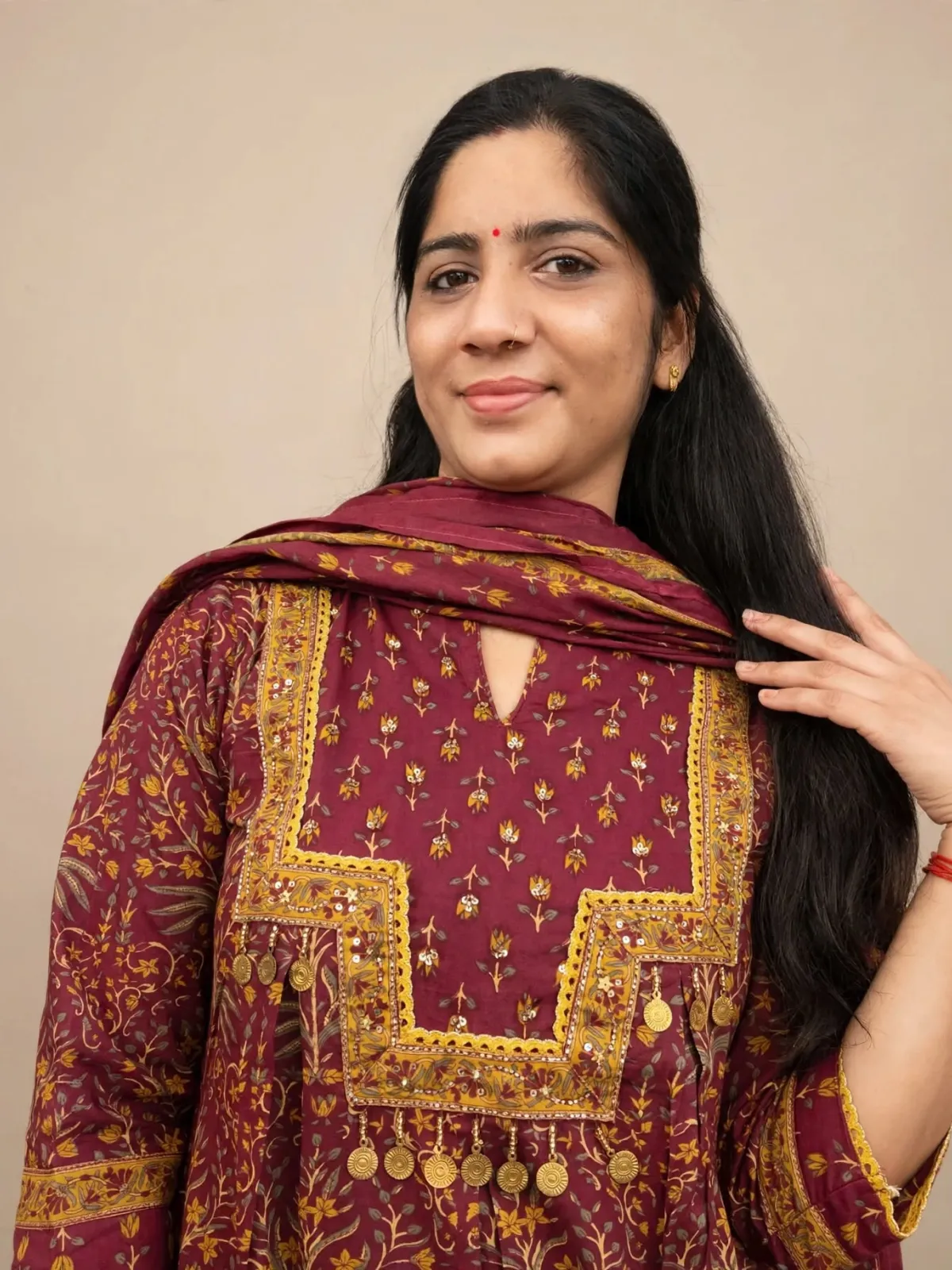 Elegant Rust Cotton Anarkali Kurti Set with Dupatta - image 5