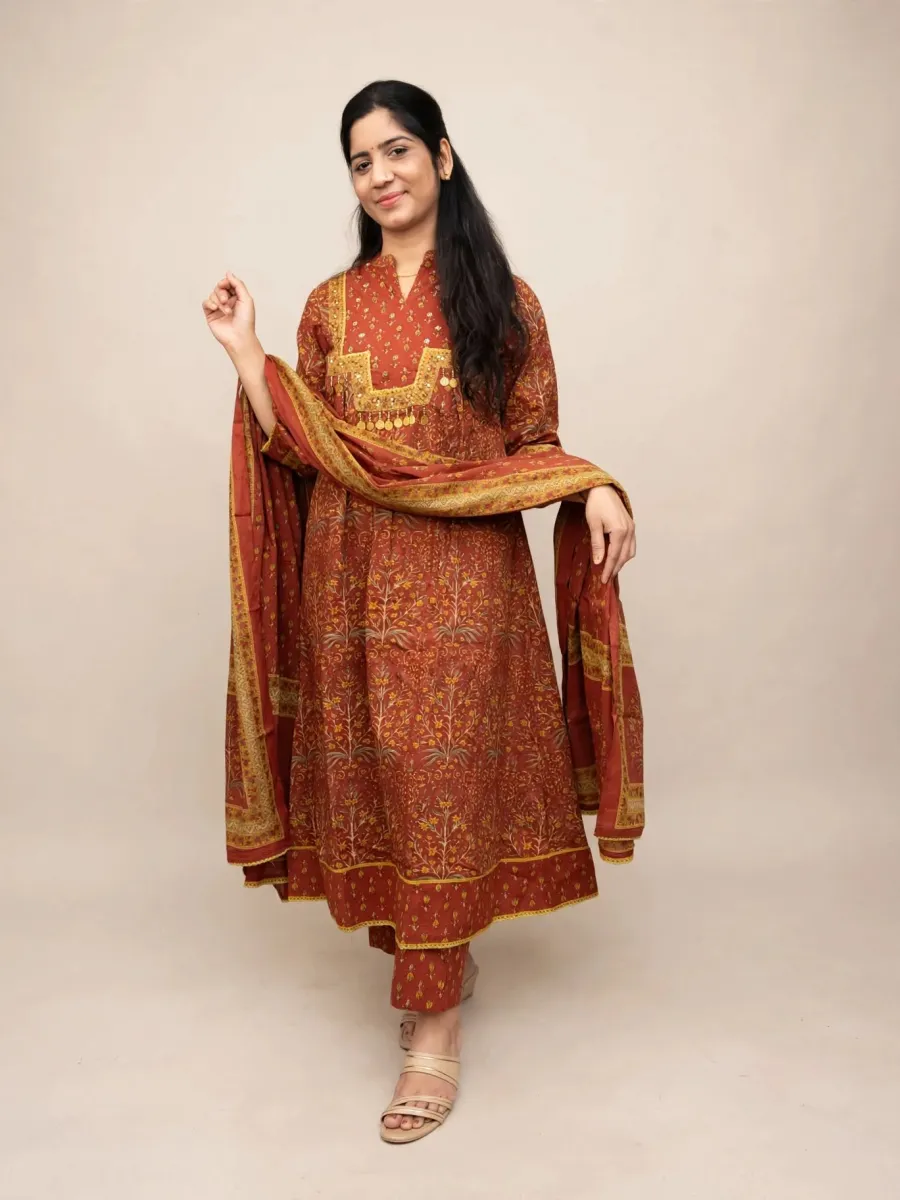 Elegant Rust Cotton Anarkali Kurti Set with Dupatta