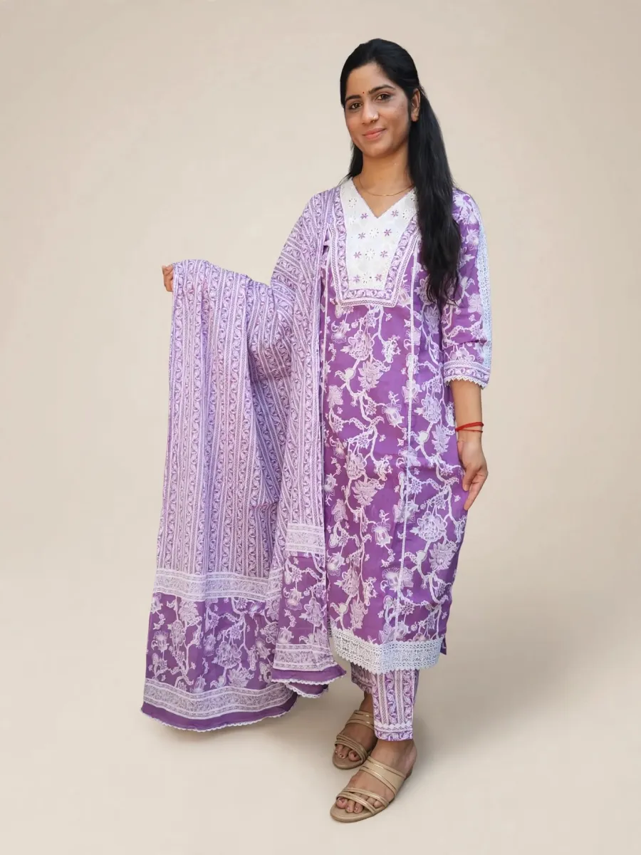 Royal Bloom Cotton Straight Kurti Set with Dupatta