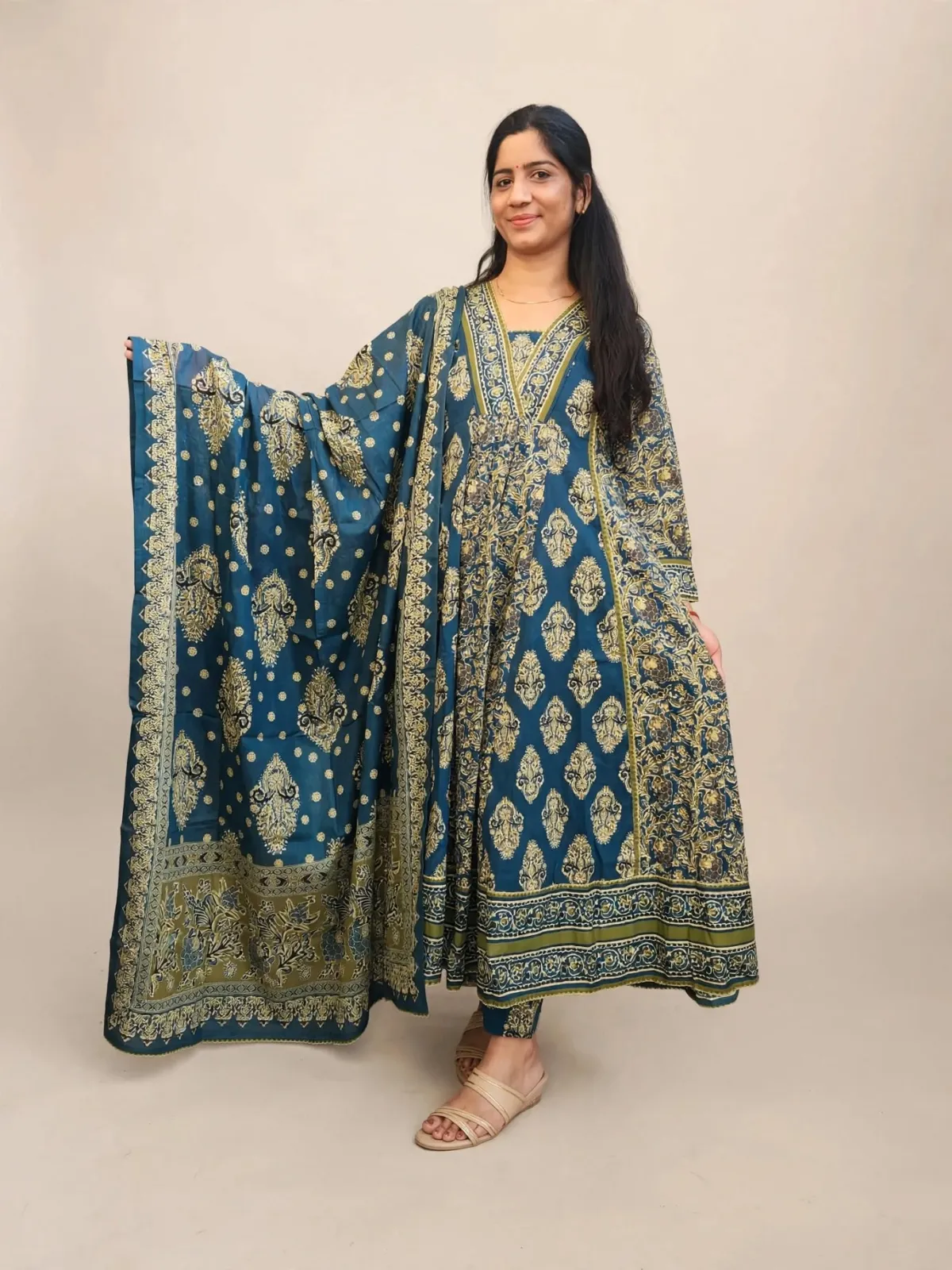 Elegant Dark Teal Cotton Anarkali Kurti Set with Dupatta - image 2