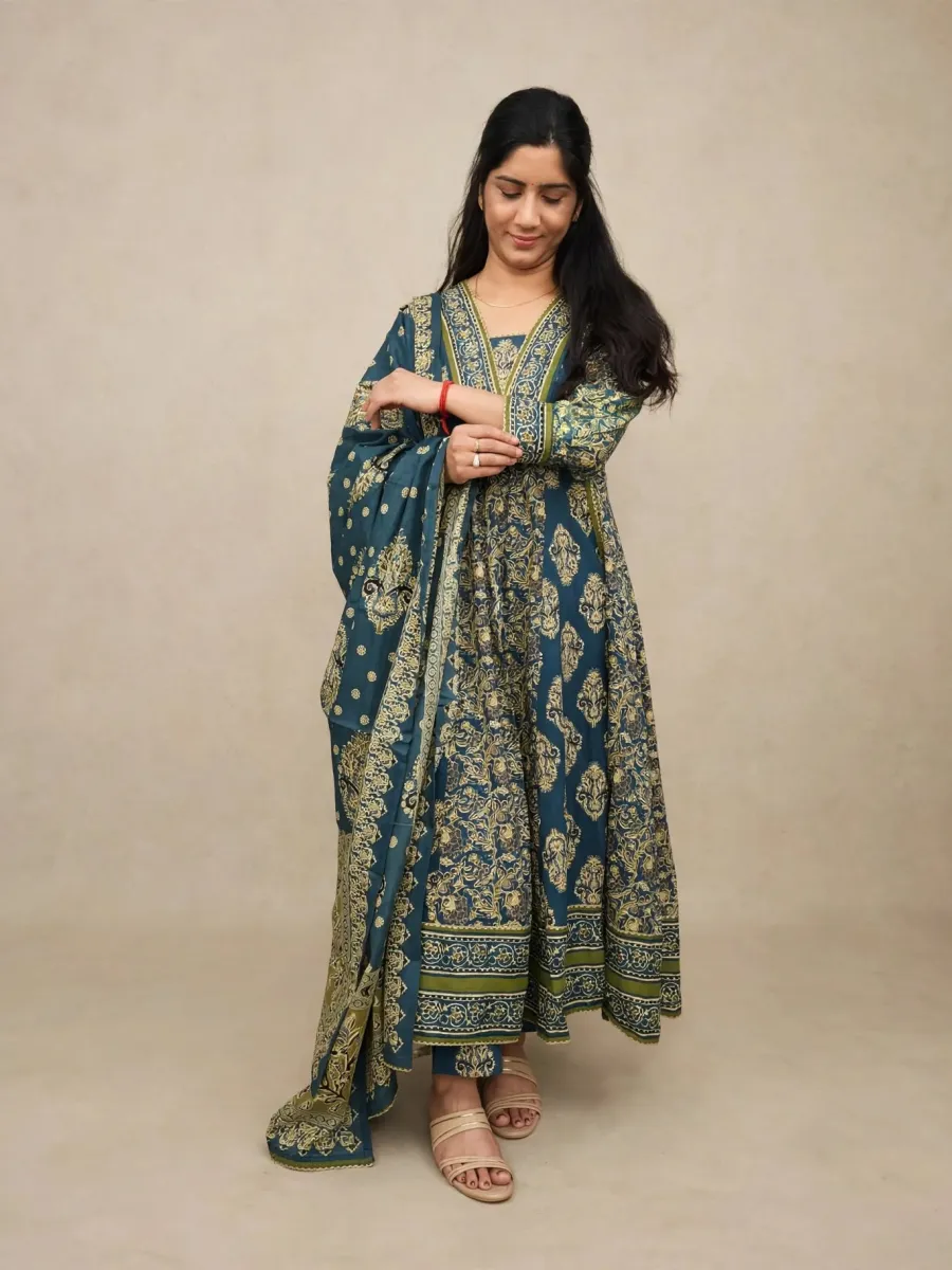 Elegant Dark Teal Cotton Anarkali Kurti Set with Dupatta