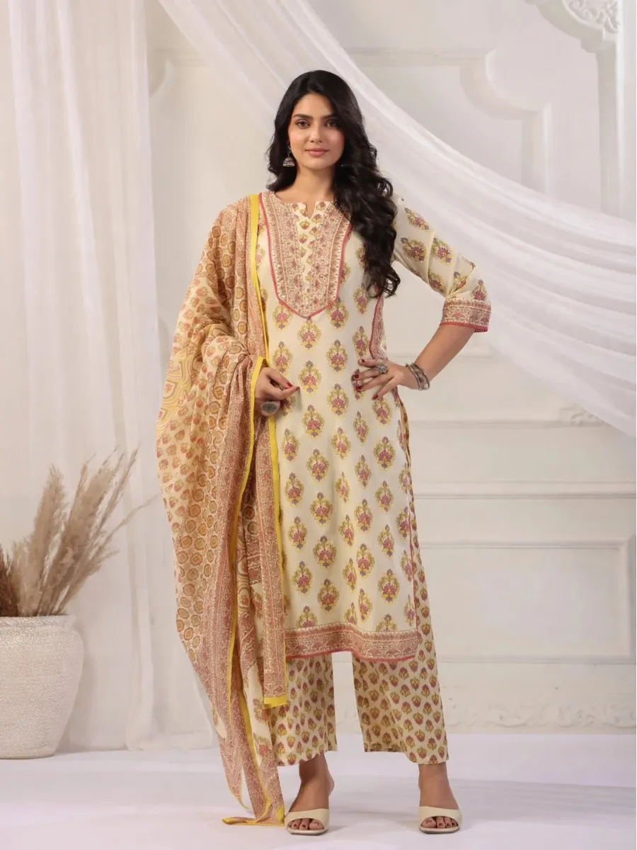 Blush Meadow Cotton Straight Kurti Set with Embroidered Yoke & Dupatta