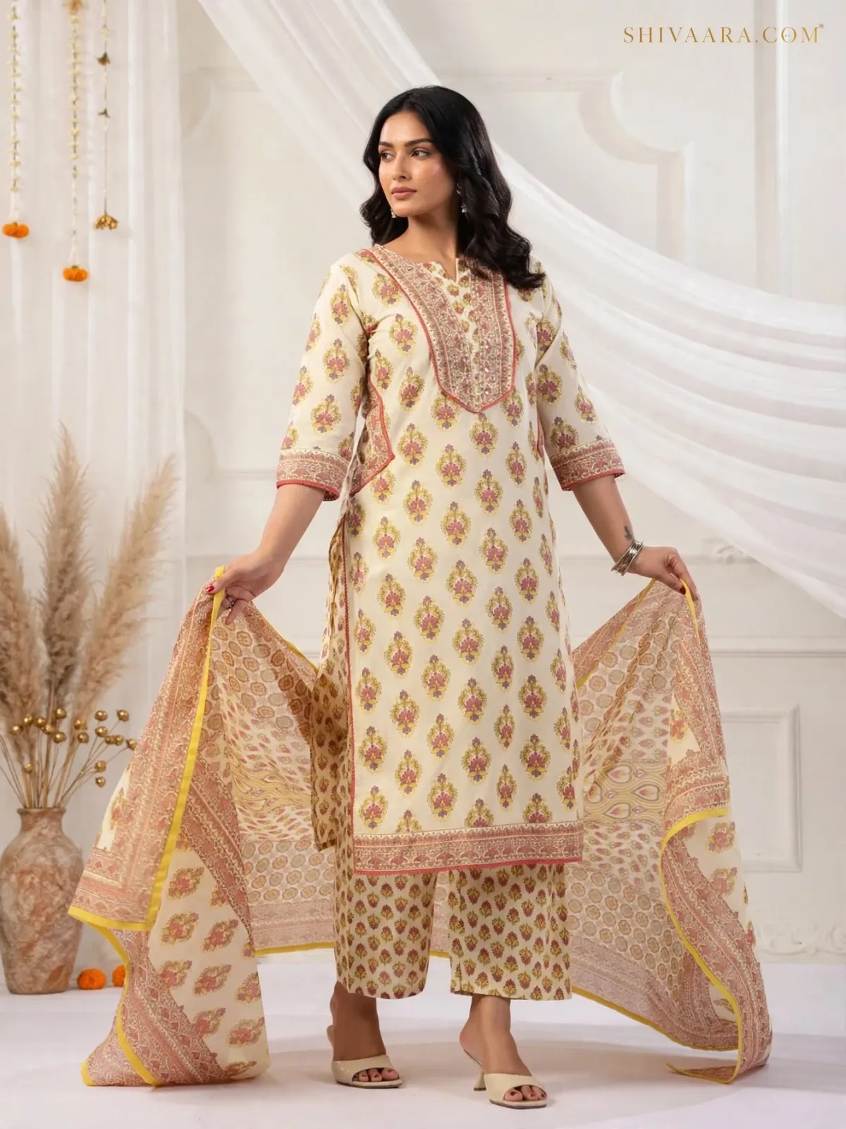 Blush Meadow Cotton Straight Kurti Set with Embroidered Yoke & Dupatta - image 2