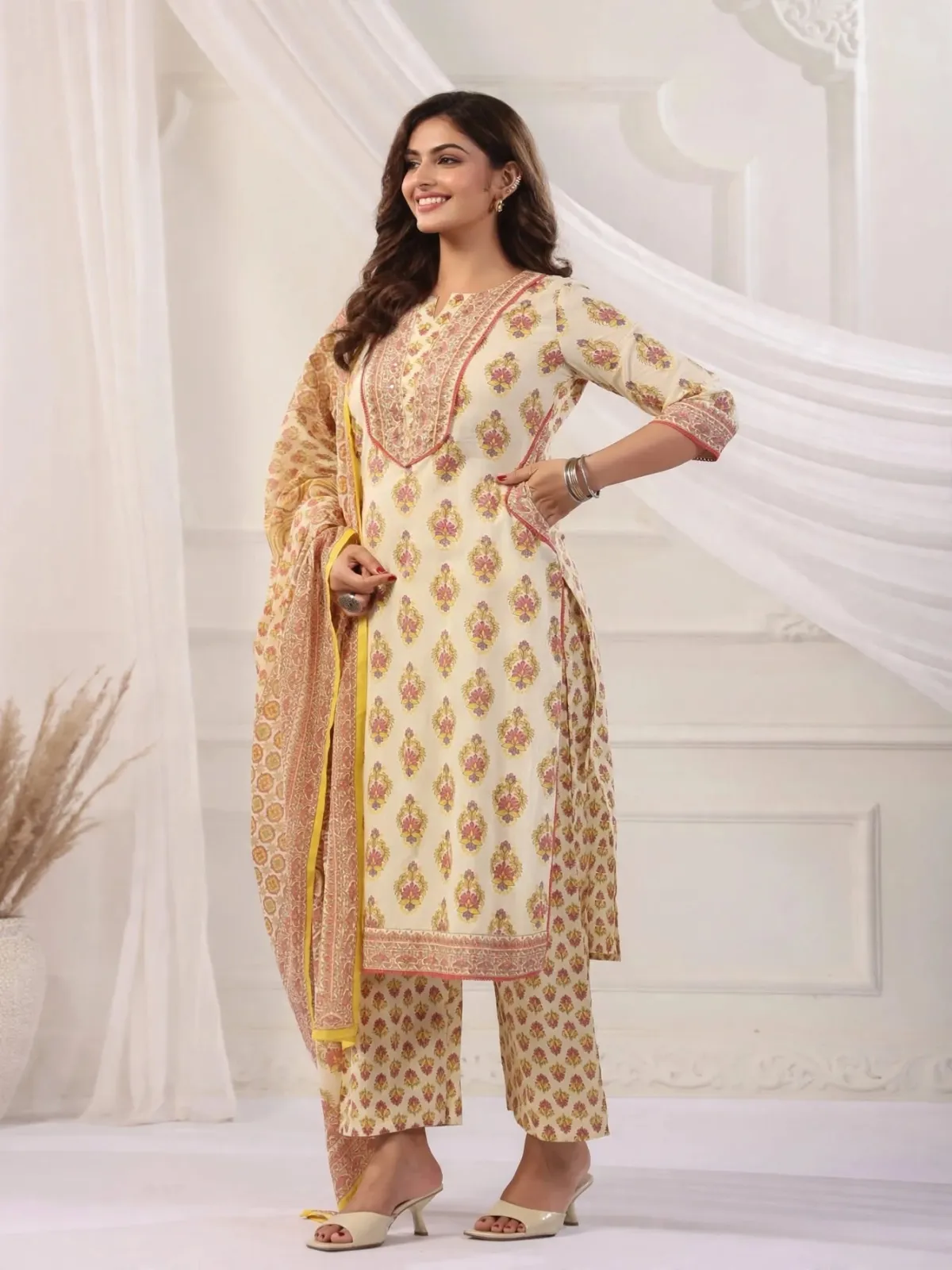 Blush Meadow Cotton Straight Kurti Set with Embroidered Yoke & Dupatta - image 4